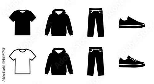 Minimalist clothing icons set, black apparel silhouettes of t-shirt hoodie pants and sneakers, casual fashion garment vector symbols for retail