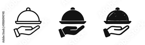 Hand holding food cloche icons for restaurant service, catering, and delivery concepts