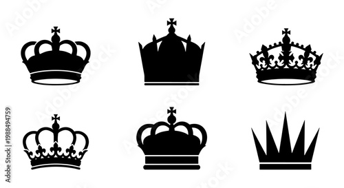 Royal crown silhouette collection, set of 6 black imperial headwear icons, majestic monarch tiara and king coronet vectors for heraldic branding
