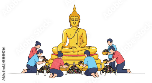 People offering flowers to golden Buddha statue for Vesak Day celebration