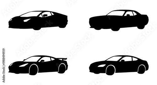 Modern sports car silhouettes, set of 4 black vehicle icons, sleek automotive vector illustrations for racing and luxury car branding