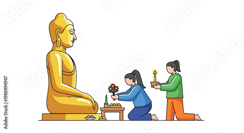 Buddhist people praying to golden Buddha statue on Vesak Day flat 2D illustration