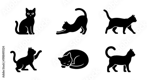 Black cat silhouette icon set, 6 vector feline animal poses, minimalist domestic cat illustrations for pet branding and web design