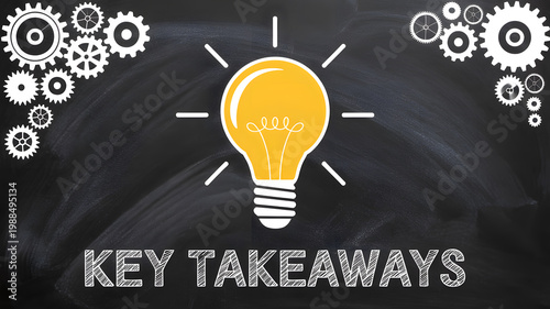 A lightbulb with gears on a blackboard with the words KEY TAKEAWAYS on transparent background