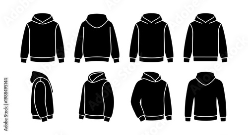 Black hoodie vector icons set, 8 sweatshirt apparel mockups from different angles, flat streetwear clothing silhouettes for fashion design