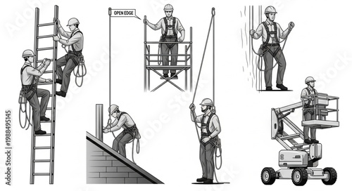 Safety Harness and Fall Protection Equipment Usage Illustrations.