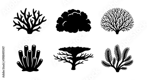 Black coral reef silhouettes set, 6 underwater sea plant icons, minimalist ocean life vector illustrations, marine biology nature elements