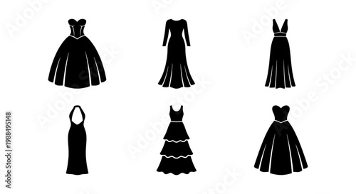 Elegant evening dress silhouettes, set of 6 formal gown icons, black female fashion apparel vectors for wedding and gala events