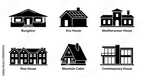 Modern house architecture icons set, black silhouette residential building collection, bungalow and eco house vector illustrations for real estate