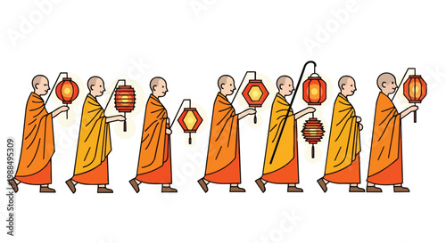 Buddhist Monks Procession with Lanterns Flat 2D Illustration for Vesak Day