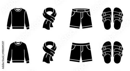 Minimalist clothing icon set, black solid apparel symbols including sweatshirt, scarf, shorts and sandals, flat vector fashion garment collection