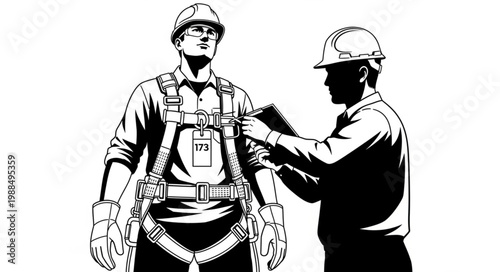 Safety harness being inspected by a safety professional for proper fit.