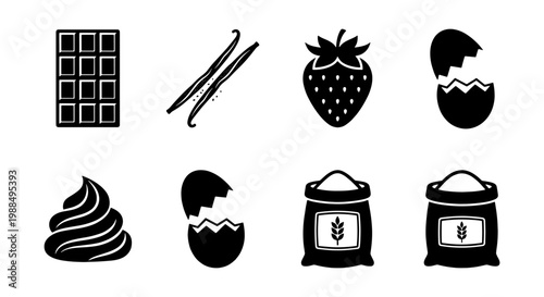 Baking ingredients icon set, black silhouette food elements including chocolate, vanilla, strawberry, eggs, flour, and cream, vector graphics for recipes