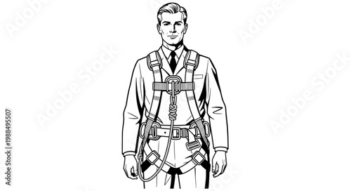 Safety harness equipment illustration on a person, protective gear.