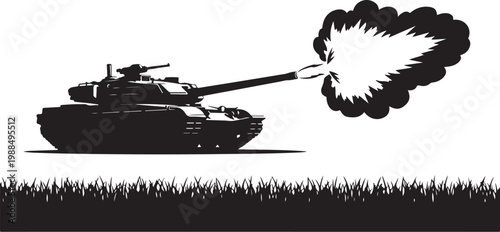 Military tank silhouette, combat vehicle icon, black war machine, firing cannon explosion