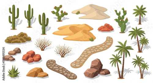 Desert landscape elements set, isometric cactus and palm tree icons, sand dunes and rock formations vector, arid nature environment assets