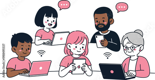Diverse people using internet devices for online communication vector