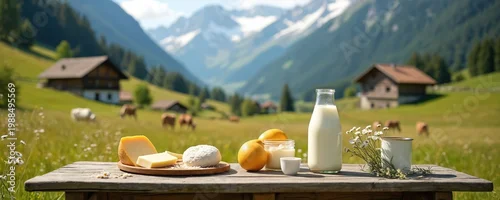 Panel kuchenny z motywem Farm fresh organic dairy products sit on a rustic wooden table. Cows graze in a green meadow with mountains and houses in background. Natural food.