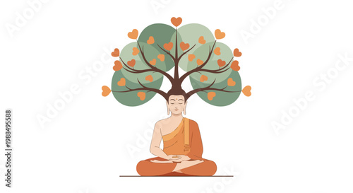 Flat 2D Illustration of Buddha Meditating Under a Tree with Heart-Shaped Leaves