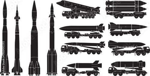 Black missile, rocket, and launcher vector icons, military defense symbols, 13 pcs, transportation vehicles