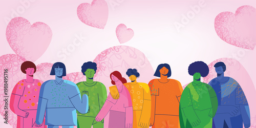 Colorful people of different ethnic, sign, symbol and icon message vector illustration. Symbolizing unity, diversity, love, support, and togetherness in a playful minimalist style.