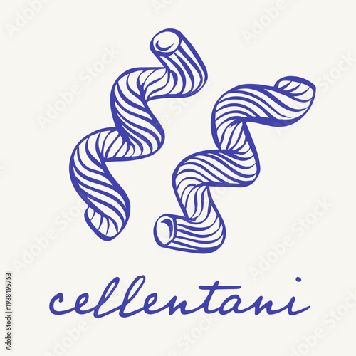 Blue cellentani pasta illustration with two twisted ridged noodles and handwritten lettering on a white background. Italian food motif featuring classic spiral macaroni in a clean retro style.
