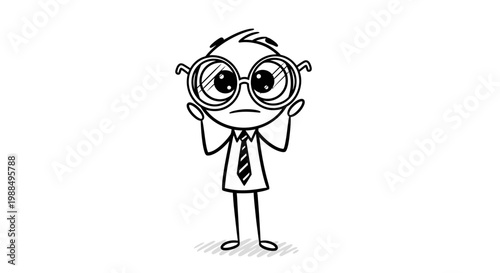 A cartoon man in a business suit looking through binoculars with a puzzled expression.