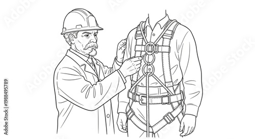 Safety inspector adjusting a safety harness on a worker for fall protection.