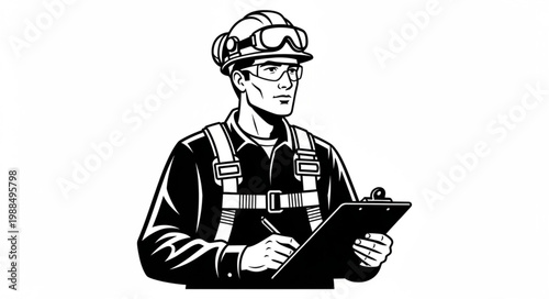 Safety inspector in protective gear reviewing documents on clipboard.