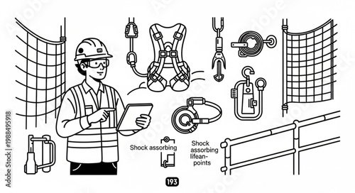 Safety inspector reviewing fall protection equipment and safety measures.