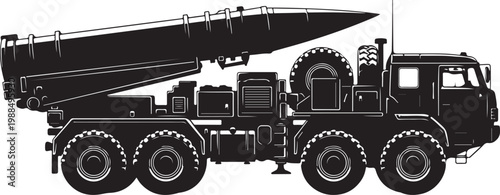 Military missile launcher truck, tactical vehicle, black silhouette, vector illustration, army equipment
