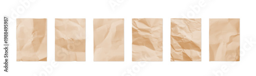 Old paper. Brown craft texture. Piece of parchment for vintage note. Letter or crumpled post card. Wrinkled notepaper. Blank document. Cardboard shape. Folded pages set. Vector background