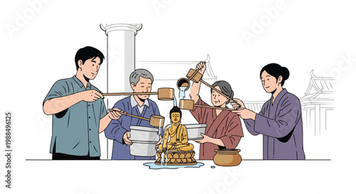 Vesak Day celebration with family bathing Buddha statue flat 2D