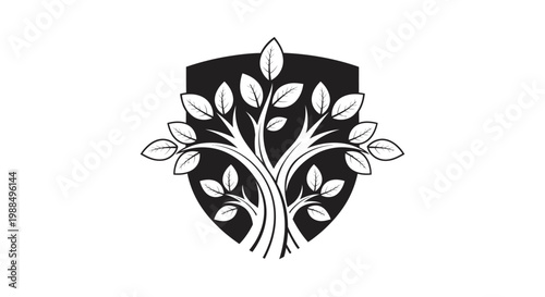 Black tree logo inside a shield emblem on white background