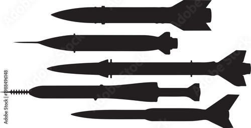Missile, rocket, and bomb silhouettes, military weapons icons, black vector graphics, explosive symbols