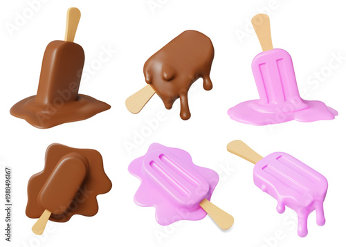 Ice cream melt. Top view of popsicle drip, icecream spill or stick. Summer chocolate food art. 3D glossy render of chocolate and berry dessert various dripping stages. Vector cartoon set