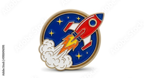 Emblematic Pin of Space Exploration: A Retro-Style Rocket Launch with Celestial Elements and Detailed Craftsmanship