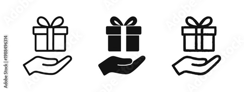 Hand Holding Gift Box Icon Set for Charity Donations and Presents