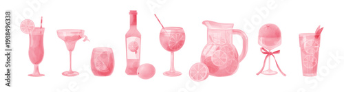 Watercolor aperol. Italian cocktail drink. Hand drawn beverage glass. Lemonade jug with citrus slices. Lemon liqueur bottle. Summer party or bachelorette invitation. Wineglasses vector set