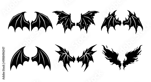 Gothic bat wings collection, 6 black demon wing silhouettes, dark fantasy dragon wings vector set for Halloween and tattoo design