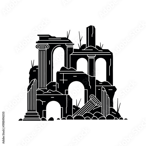 Ancient Greek Ruins Silhouette Vector Illustration.