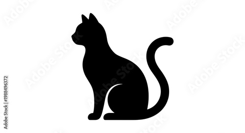 Black cat silhouette vector, elegant sitting feline profile, minimalist pet animal icon, sleek domestic kitten shape isolated on white background