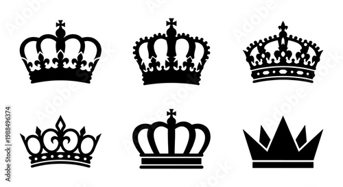 Royal crown silhouettes collection, 6 black heraldic crowns vector set, majestic king and queen headwear icons, imperial coronation symbols for branding