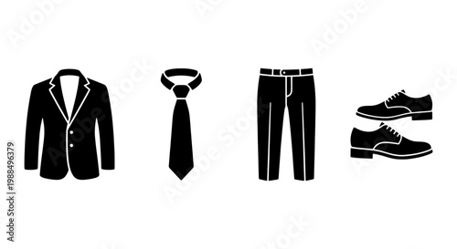 Formal men's suit icons set, black business attire vector elements, professional clothing collection with jacket, tie, trousers, and shoes