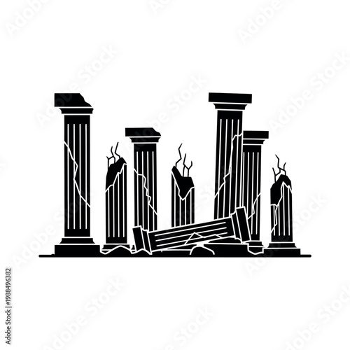 Ancient Ruined Greek Roman Columns Silhouette Vector Illustration.