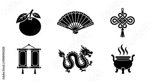 Chinese New Year icons set, black silhouette oriental symbols including dragon and folding fan, 6 traditional lunar festival vector elements