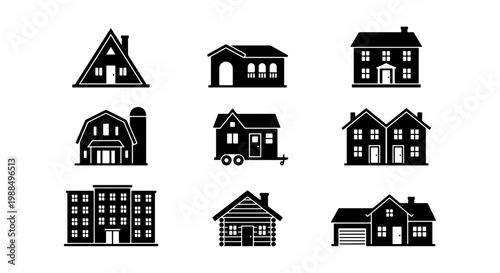 Minimalist house icons set, black silhouette residential building collection, 9 vector architectural symbols for real estate and urban planning
