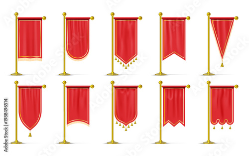 Red flag set. Gold pole for royal ceremonial banner, vertical golden pennant stand or heraldic award. Textile tassel on pillar. Advertising hanging textile. Vector realistic mockups
