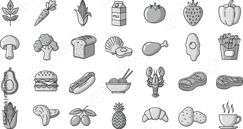 Food Outline Icons Collection with Vegetables Fruits Meat Bread and Fast Food Line Art Vector Illustration Set