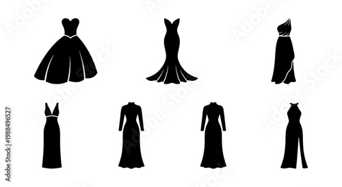 Elegant evening dress silhouettes, set of 7 formal gown icons, black wedding dress vector shapes for fashion design and bridal boutique branding
